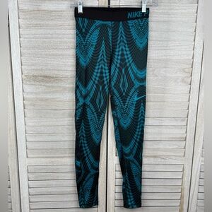 NIKE PRO Dri Fit Warm Running Leggings Teal/Black Pattern-XS